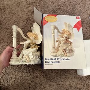 Porcelain Wind Up Musical 10" Angel Figure Playing Harp White With Gold Trim